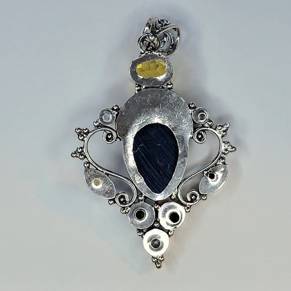 Sterling Silver Pendant with Blue Carved Face, Citrine, and Multi-Gem Accents - Picture 15 of 15